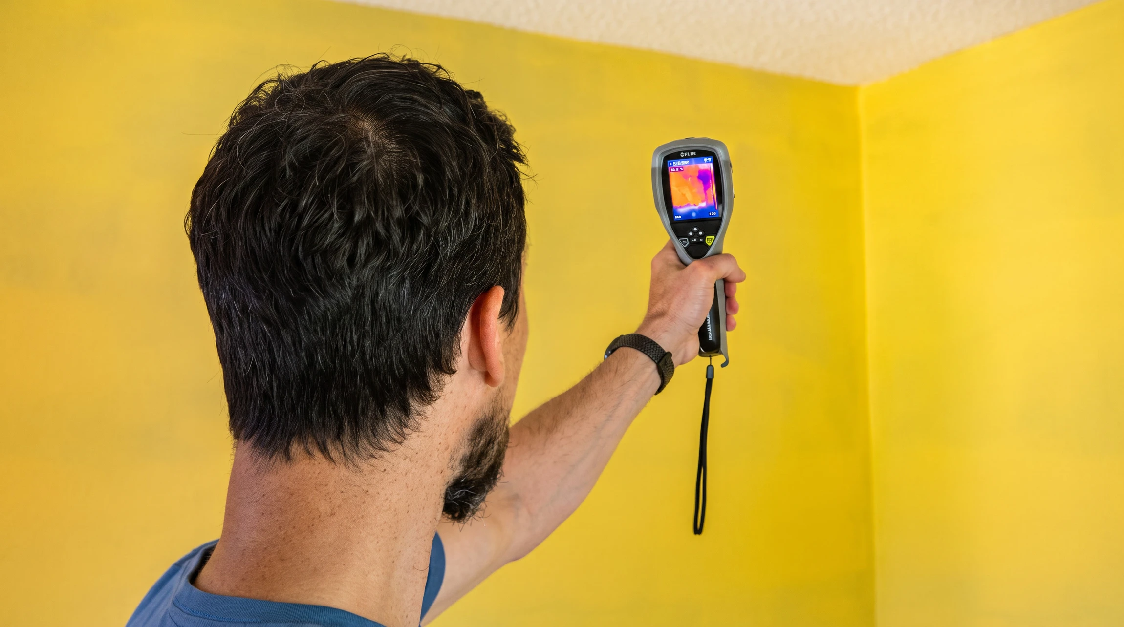Homme utilisant un pistolet thermique infrarouge pour mesurer la température d'un mur intérieur jaune