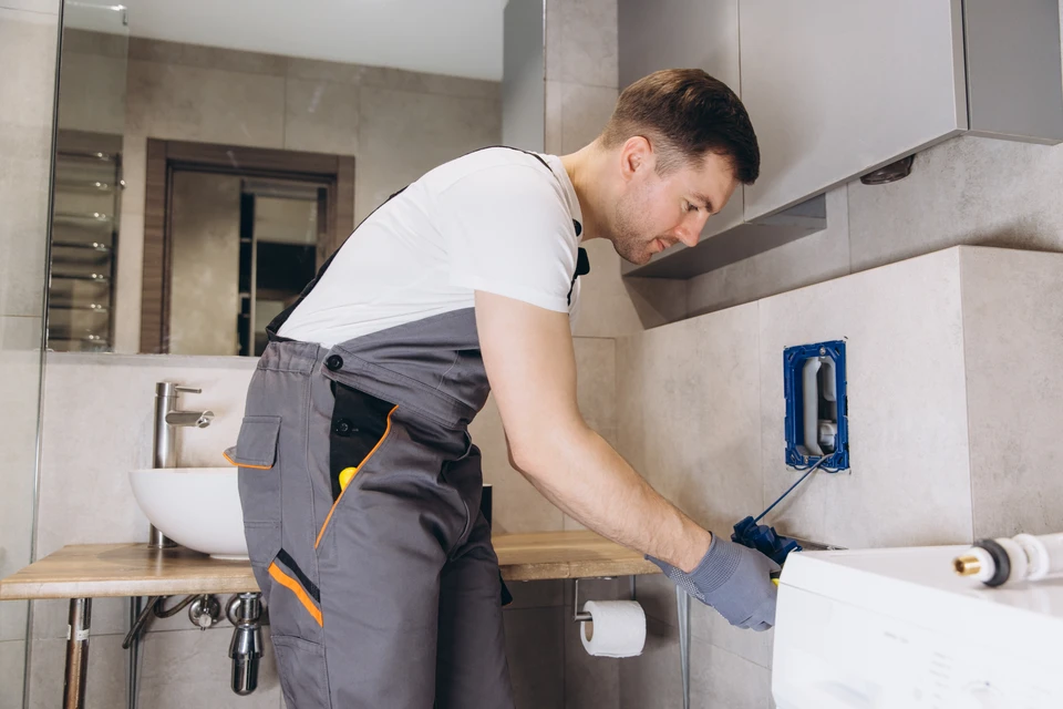 Une photo professionnelle montrant un artisan expérimenté tenant des plans de rénovation de salle de bains, discutant ou expliquant le projet à un client dans un environnement professionnel (bureau ou sur site). L'artisan doit arborer une tenue professionnelle (vêtements de travail ou tenue d'artisan) et apparaître comme un expert fiable coordonnant les différentes étapes du projet.