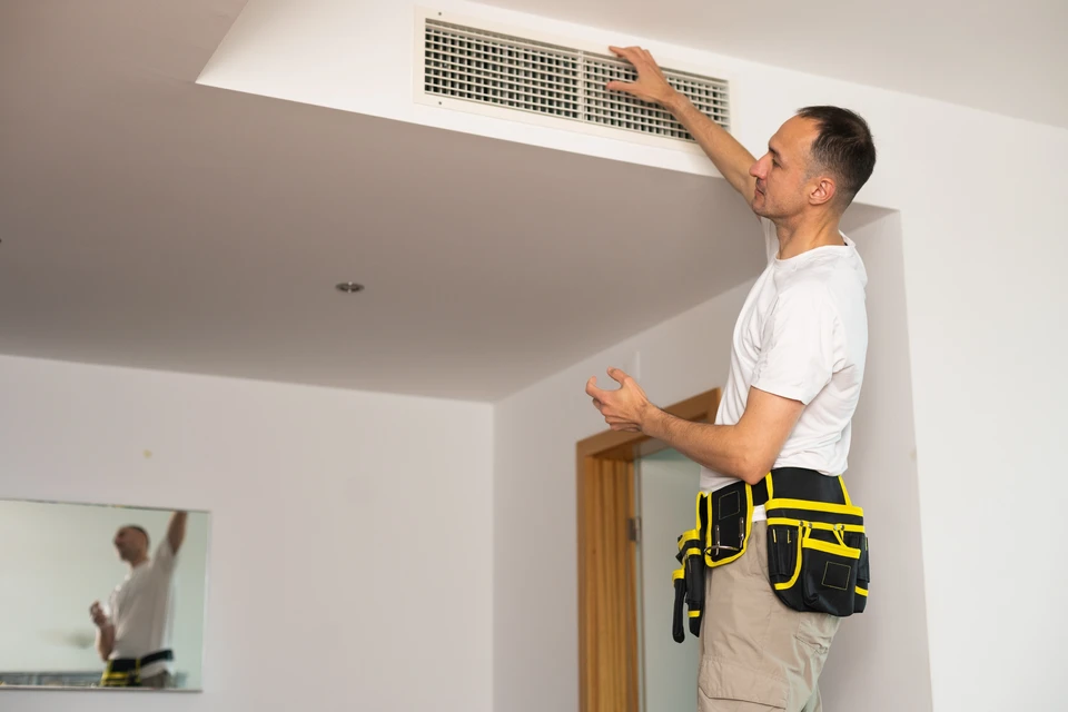 Une personne en chemise rayée mesure avec une règle métallique graduée l'espace entre un lavabo moderne blanc et un mur dans une salle de bain contemporaine aux tons beiges