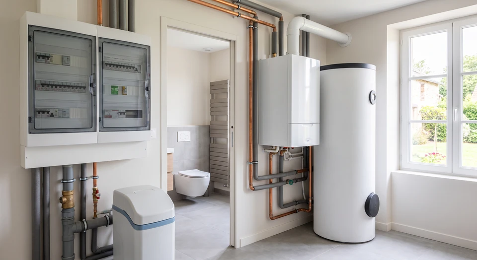 Vue d'ensemble d'un intérieur résidentiel montrant plusieurs espaces et équipements techniques : une chaudière de chauffage moderne, des tuyauteries de plomberie bien installées, un radiateur ou ballon thermique, des installations électriques propres, le tout photographié dans un environnement de maison rénovée. L'image doit montrer visuellement la diversité des corps de métier (chauffage, plomberie, électricité) travaillant ensemble dans un même projet résidentiel. Si possible, inclure plusieurs zones d'une maison pour symboliser l'intégration multiservices.